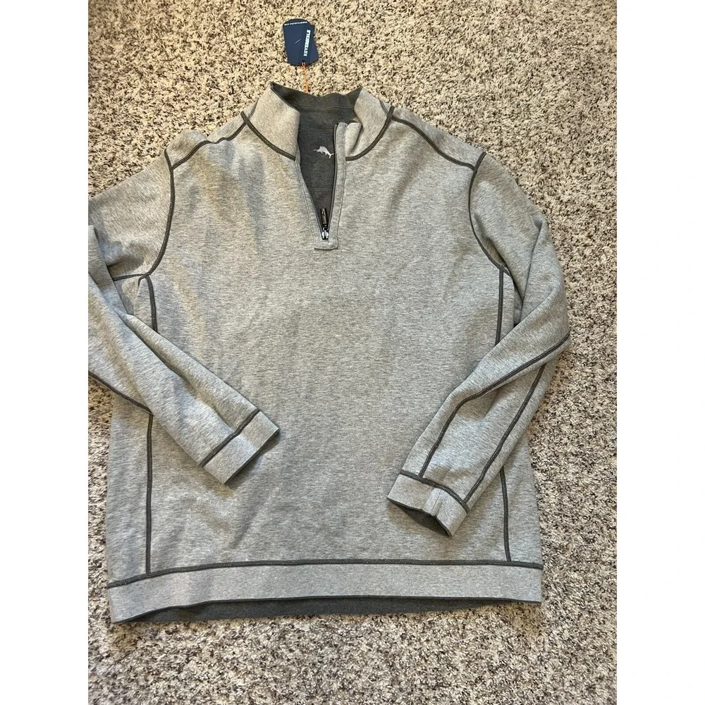 NEW Tommy Bahama Sweater 1/2 Zip Reversible Barrier Beach Gray Sz XXL %100 Cotto